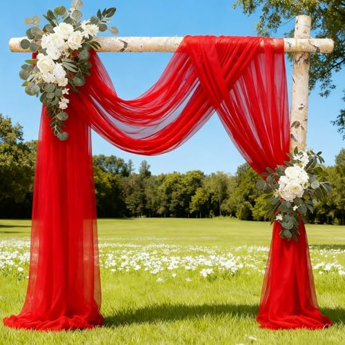 Alaoo Hochzeit Vorhang Deko, Hochzeitsbogen Gardinen 5M*160CM, Querbehang Deko Tüll Foto Hintergrund, Kulissenvorhänge Hochzeitsdeko für Hochzeit Torbogen Zeremonie Fotografie Party（Rot）