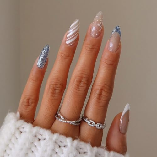 MouyouGlow Press on Nails Kurz,Almond Weiß Blau Glitzer French Schneeflocke Striped Christmas Weihnachten XMAS Fake Nails mit Nagelkleber,White Tips Snow Winter Shimmer Künstliche Fingernägel