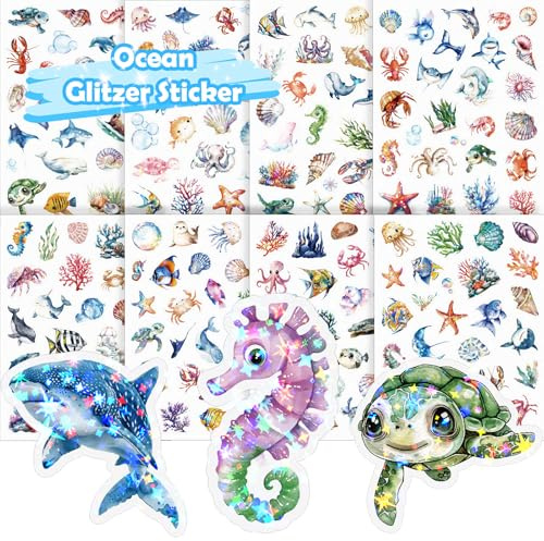 Ocean Sticker Kinder, 8 PCS Glitzer Ocean Aufkleber | Holografische Folie Entschieden, Geeignet für Bücher, Schultaschen, Tablets, Fahrräder, Trinkbecher