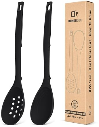 Pack of 2 Silicone Cooking Spoons, Non Stick Solid Kitchen Spoon with Measuring Marks & Back Hooks, Heat Resistant Silicone Slotted Spoon for Cooking, Mixing, Stirring,Serving (Black)