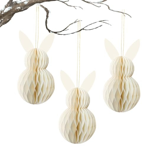XQMMGO 3 Stück Osterdeko Wabenhase Set, Osterhase Wabenball zum Aufhängen 20cm, Wiederverwendbar Osterdekoration, 3D Hase Wabenbälle, für Osterstrauch, Wabenfigur Frühlingsdeko (Weiß)