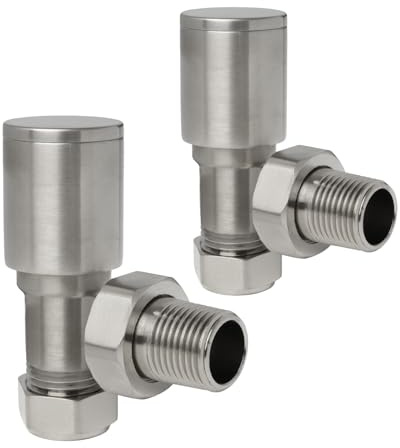 Brushed Nickel Angled Radiator Valves Round Modern Radiator Valves Pair of 15mm x 1/2 Set of 2 for Heated Towel Rails & Central Heating Radiators Brushed Nickel Radiator Valve Set