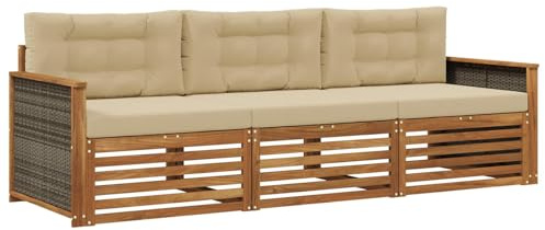 vidaXL Outdoor-Sofagarnitur mit Kissen 3 pcs Natur und Beige, Outdoor Lounge, Moderne Ecksofa, Gartenmöbel, Terrassen-Sitze, Komfortables Set für Wohnräume