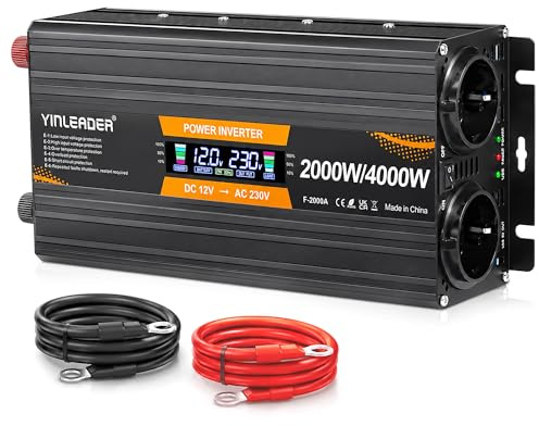 Yinleader 2000W /4000W Wechselrichter 12V auf 230V Spannungswandler mit LCD Display 2 EU Steckdosen USB für Auto Camping Wohnmobil LKW Solaranlage