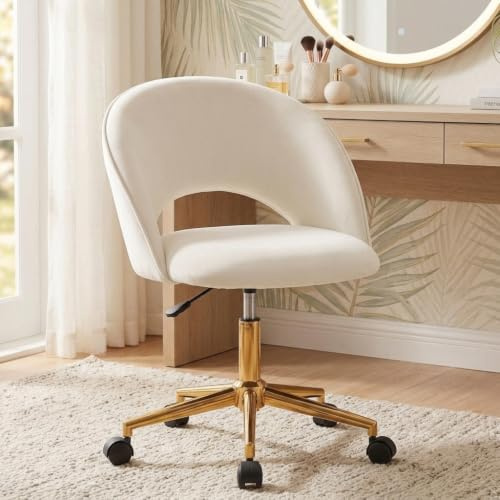Silla Tocador de Terciopelo y Borreguito Blanco, Silla de Maquillaje con Base Dorada, Giratoria 360° y Regulable en Altura Sin Brazos, Sillón Escritorio Moderno Tapizado para Dormitorio y Vestidor