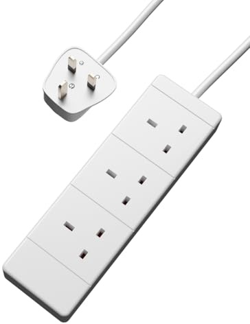 rhinocables UK Plug Power Extension (2m, White) | 13A 3 Gang Cable for Flexible Mains Access, BS1363/A Standard 230V Wire for Office & Household Use, White