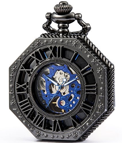 SEWOR Octagon Old School Stil Hohl römischen Ziffern mechanische Hand Wind Taschenuhr … (Schwarz)