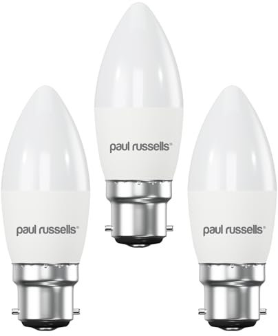 paul russells LED Light Bayonet Cap B22, 60watt Equivalent, 6.5W 806LM LED Bulbs, 6500K Bright Daylight, Frosted C35 BC Candle Energy Saving Non-Dimmable Chandelier Lightbulbs, 3 Pack