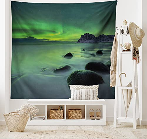 ABAKUHAUS Landschaft Wandteppich und Tagesdecke, Magie Natur Strand aus Weiches Mikrofaser Stoff Waschbar ohne Verblassen Digitaldruck, 230 x 140 cm, Lindgrün und Mandel