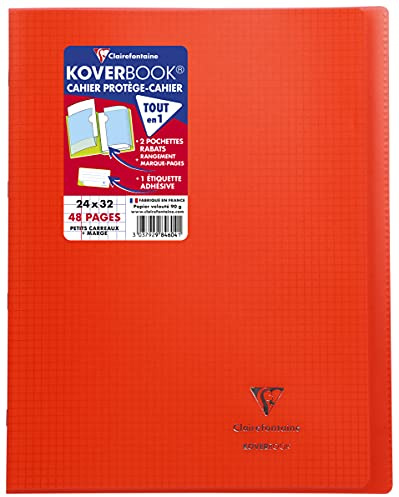 Clairefontaine 984604C - Heft Koverbook DIN A4+, 24x32 cm, 24 Blatt 90g, kariert 5/5 mit Rand, Einband aus transparentem Polypropylen, Rot, 1 Stück