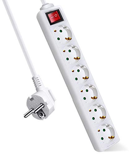 ExtraStar 6-Fach Steckdosenleiste mit Schalter und Kindersicherung,5M 3G1.5mm2 Kabel ,16A, 3680W, Mehrfachstecker fürZuhause, Büro und so weiter,Weiß