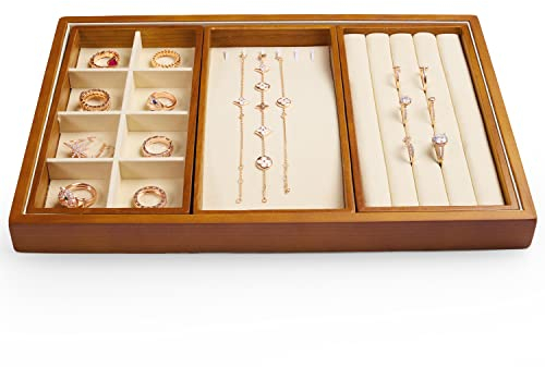 Oirlv Plateau à Bijoux en Bois Empilable 4 en 1,Pour Bijoux Bague Boucles D'oreilles Bracelet Collier Plateau Organisateur(Beige)