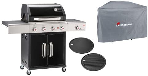 Landmann Gasgrill Triton 4.1 maxX - Kickstarter-Paket mit Grillplatte + Wetterschutzhaube | Premium Gasgrill mit doppelwandigem Deckel inkl. Thermometer | Landmann PTS-System [Schwarz]