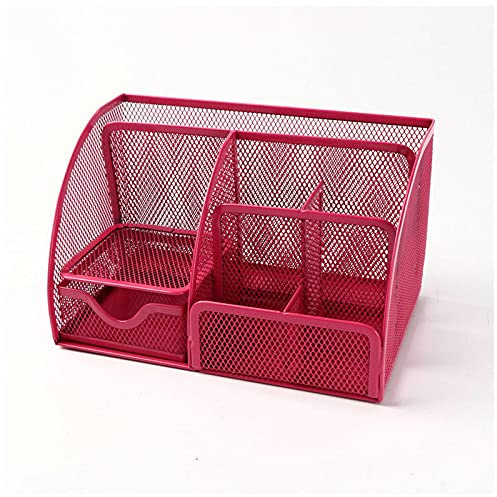 AORUI Schreibtisch Organizer Desktop Tidy Stahlgeflecht Organizer mit 6 Fächern und 1 Schiebeschublade Multifunktionale Schreibwaren Aufbewahrung Bleistifthalter für Schule Büro und Zuhause Rot