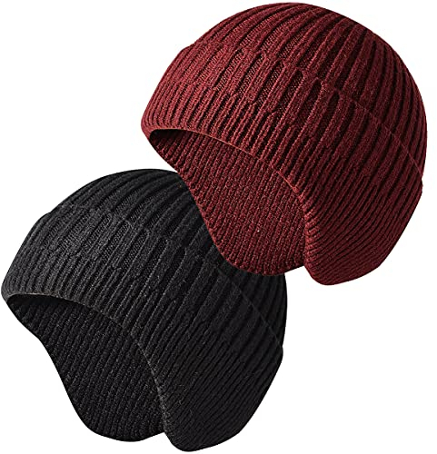 JFAN Wintermütze mit Ohrenklappen Wollmütze Kopfwärmer Beanies für Damen und Herren Outdoor Schwarz+Weinrot Einheitsgröße