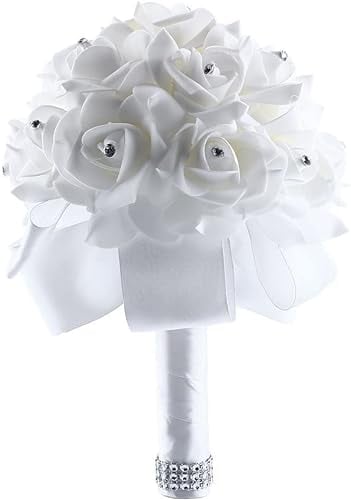 PIQIUQIU Bouquet Sposa, Bouquet Matrimonio per La Sposa Coreano Stile Bianco Artificiale Finto Fiore Rosa da Sposa Fiori per Matrimonio, Servizio Fotografic