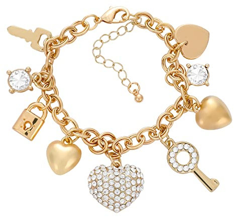 ASTER Musical Charm Bracelet Gold Chain Link Bracelet - 7+ 2Extender 14K Gold Plated Love Locked Bracelets