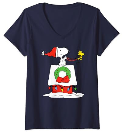 Peanuts Holiday Snoopy's Doghouse Schlitten T-Shirt mit V-Ausschnitt