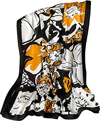 Silk Scarf Women Chiffon Shawl Stain Neckerchief Long Head Wrap Lightweight Scarf Ladies Hijab Belt Vintage Bridal Shawl Chiffon Scarf Muslim Cloth floral Christmas Scarf (Black-yellow)