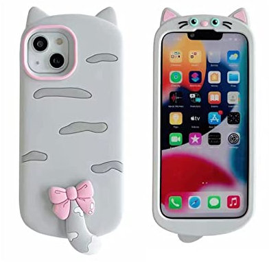 HYHMXB Phone Cover, 3D Cute Kawaii Tail Cat Design Soft Silicone Shockproof Bumper All-Round Strong Protective Phone Case Compatible with iPhone 14 Pro Max for Girls Women Grey