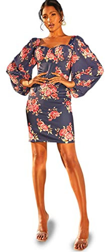 Chi London Womens Balloon Sleeve Floral Bodycon in Navy Special Occasion Dress, Navy, 8 UK
