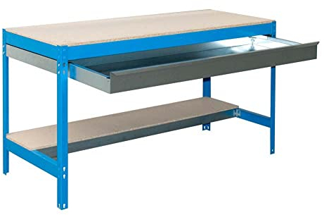 PROREGAL Werkbank Buffalo mit Schubfach | HxBxT 84x120x61cm | Traglast 600kg | Blau Werktisch Arbeitstisch Werktisch Arbeitsbank