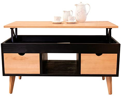 LoMasCasa - Hochklappbarer Couchtisch Modell Karla 21 mit 2 verschiebbaren Schubladen, Mittelhohl, natürliches Kiefernholz in Schwarz und Holz, konische Beine, Maße 100 x 50 x 47 cm
