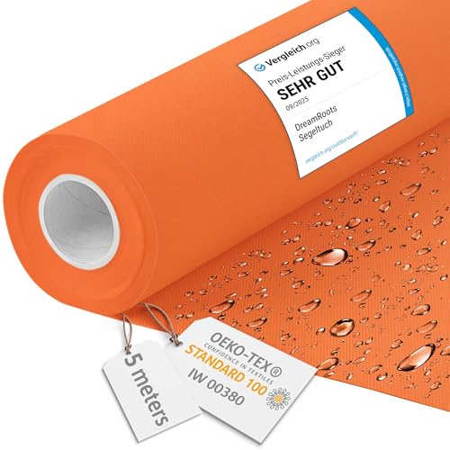 DreamRoots Markisenstoff wasserdicht Meterware, Orange, 5 m | Oxford Segeltuch, Polsterstoff, 160 cm breit, 220 g/m² 600D, wasserabweisend, für außen & Deko