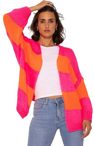 SASSYCLASSY Gestreifter Oversize Cardigan Damen - Made in Italy - Langarm Strickjacke Damen Grobstrick V Ausschnitt - Strickweste & Strickjacken für Damen kurz - Grobstrickjacke Herbst Strickcardigan