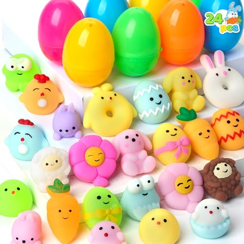 JOYIN 24 Pcs Easter Prefilled Eggs with Mochi Squishy Toys, Cute Stress Reliever Squishy Toy for Kids Party Favor, Basket Stuffers, Animal Easter Egg Filler, Classroom Prize Supplies