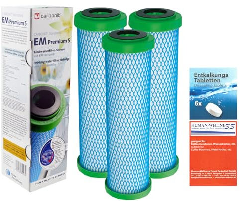 3 x Prime Inventions Wasserfilter EM Premium 5 für Sanuno Vario-HP Duo | Zusätzlich Entkalkungstabs für sichere Desinfizierung und Entkalkung Ihres Filtergerätes