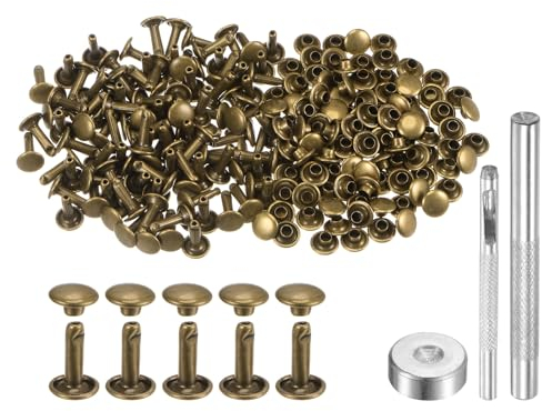 QUARKZMAN 100 Sets Leder Nieten 12 x 8mm Metall Doppelkappe Nieten Druckknöpfe Befestigungselemente mit 3 Stück Werkzeugen zum Setzen von Nieten für Lederhandwerk DIY, Bronze Ton