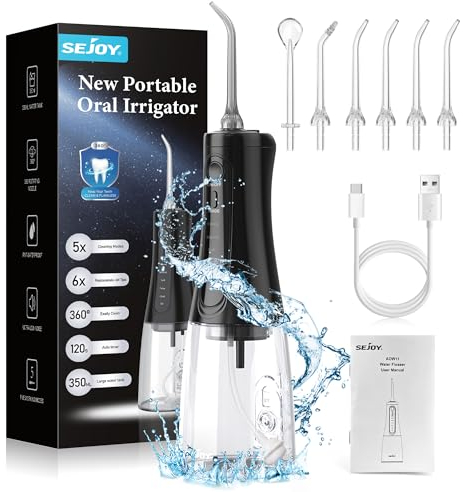 Sejoy Idropulsore Ricaricabile Senza Fili, Serbatoio 350ML 5 Modalità 8 Ugelli Getto, Idropulsore per Pulizia dei Denti e Filo Interdentale, Irrigatore Orale Dentale per Casa e Viaggio, Impermeabil