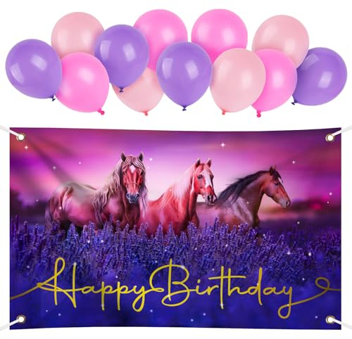 BETESSIN Decoración Cumpleaños Niña, Pancarta Feliz Cumpleaños Niña de Caballo + 12pcs Globos Rosa Violeta Photocall Cumpleaños Niña