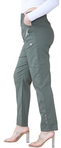 Women's Full Length Cherry Berry Trousers - Ladies Italian Plain Casual Stretchy Elasticated Waist Summer Pants Plus Size Khaki 18