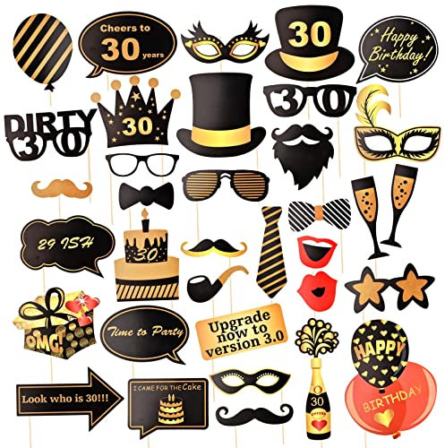 31 Stück Geburtstag Fotobox Accessoires, 30. Foto Booth Props für Geburtstag, Photo Fotobox Accessoires mit Hut, Lippenstift, Krawatte, Kronen, Foto Requisiten für Mädchen und Junge Geburtstag