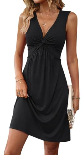 Tomwell Robe Moulante Femme Sexy à Col en V De Couleur Unie Robe sans Manches Mini Jupe Plissée à la Poitrine L'été Décontracté Bodycon Robe A Noir XL
