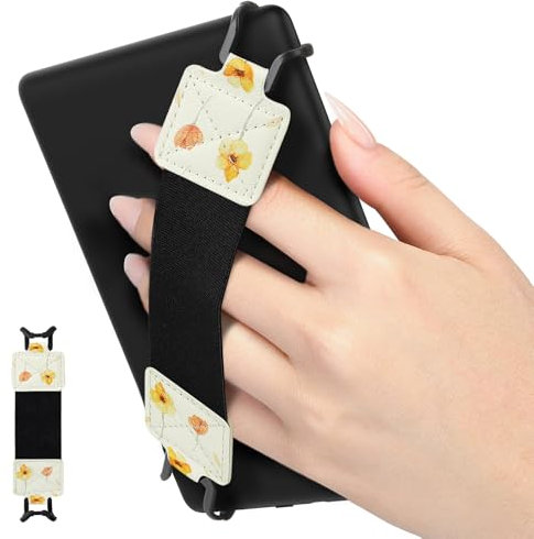 MoKo Correa de Mano de Seguridad para 6-8 Kindle eReaders Fire Tableta - Kobo/Voyaga/Sony Kindle E-Book Tablet, Soporte de Agarre de Dedo Elástico Multifuncional Tableta, Flor en Blanco