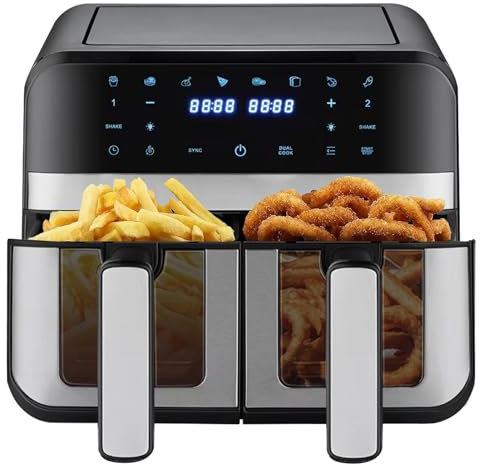 tinysiry Friteuse à air double 9 L, friteuses chaud doubles avec fenêtre de visualisation, 2 tiroirs et écran tactile, friteuse multi-en-1 préréglages cuisson, finition intelligente, cuisson san