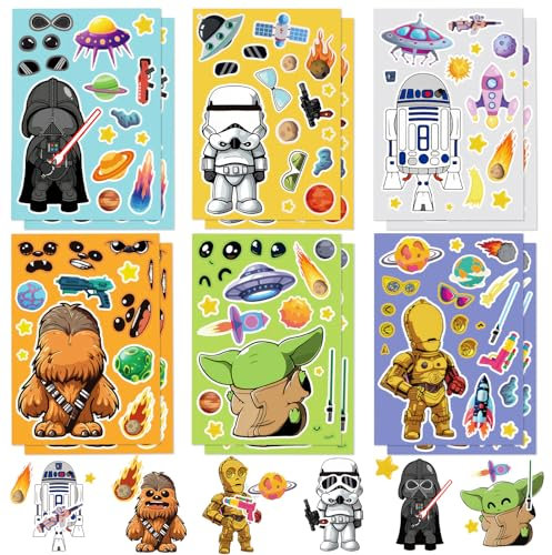 S-tar Wars Stickers-12 Sheets Art Craft Make a Face DIY Stickers for Kids Yo- Da Make Your Own Personalized Sticker for Birthday Party Supplies Favors Bag Stuffing Gift Pinata Fillers Lucky Dip Prizes