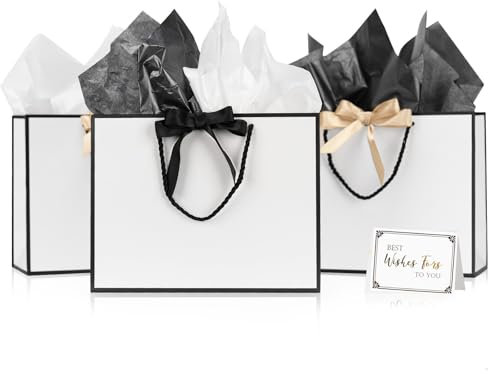 Medium Gift Bags for Presents - 3pcs White and Black Gift Bags for Birthday, Wedding, Party, Anniversary and All Occasions