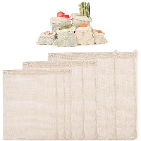 scalingscal 7 Stück,Beige Obstnetz Baumwolle Einkaufsnetz Bags,Baumwollbeutel,Wiederverwendbare Obstbeutel,Plastikfrei Einkaufsnetze,Für Aufbewahrung Von Obst Und Gemüse Waschbar(3 Größen)