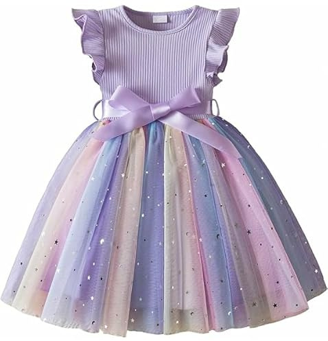 JiAmy Abiti arcobaleno a maniche lunghe per ragazze, abito in maglia a costine arcobaleno in tulle per bambini, abito con gonna e cintura per ragazze di 1-6 anni, Lilla, 4-5 Anni
