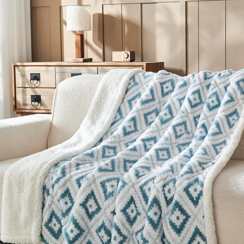 Wajade Böhmische Kuscheldecke Rhombus Flauschige Fleecedecke Winter Warme Plüschdecke Luxuriöse Kunstfelldecke Weiche Decke für Bett Couch - Blau 127 * 153