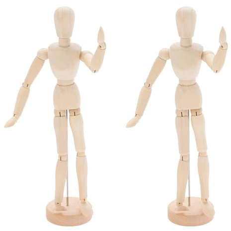 HAC24 2er Set Gliederpuppe aus Holz Natur 33 cm mit Ständer Beweglich Mannequin Zeichenpuppe Zeichenfigur Gelenkfigur