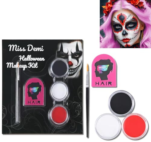 Miss Demi Halloween Makeup Kit with Black White Red Face Paint, Pink Hair Chalk & Brush, Body Paints for Halloween Joker Skeleton Cosplay Special Effects Costume SFX Stage Kit. (01 Color)