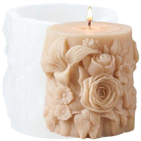 XIAOSHUI Flower Cylinder Candle Mould Rose Lily Pillar Silicone Candle Mould Flower Column Resin Casting Moulds for Candle Making Aromatherapy Candles Gypsum Clay Craft Candle Home Decorate