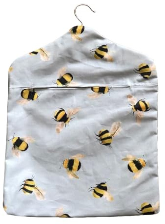 Jolee Fabrics Premium Oilcloth Peg Bags with Wooden Hanger - Large Waterproof Peg Bag, Clothes Clip Storage Perfect for Any Washing Line… (Duck Egg Honey Bees)