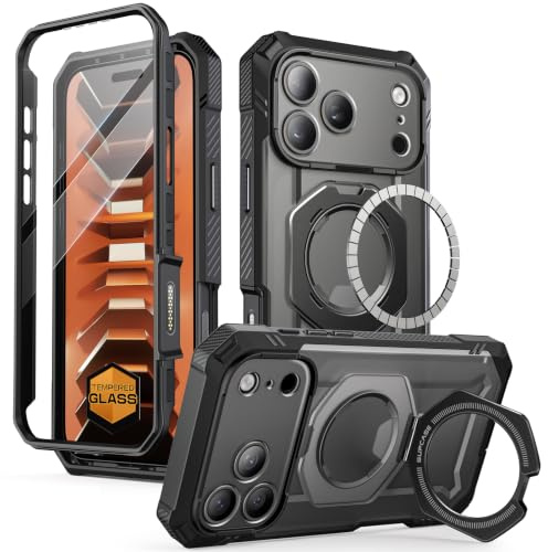 SUPCASE für iPhone 17 Pro Hülle mit Displayschutz aus gehärtetem Glas (UBGrip Pro), [Kompatibel mit MagSafe] Bumper Case Robust Schutzhülle Magnetisch Handyhülle mit Ringhalter 6.3‘’ 2025 (Schwarz)