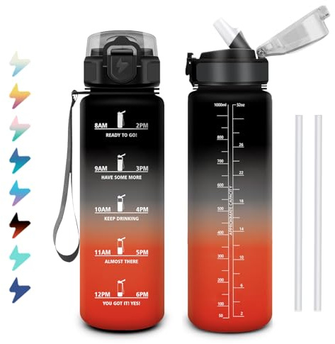 Borraccia Palestra 1 Litro, Bottiglia Acqua con Indicatore del Tempo, Borraccia Motivazionale con Cannuccia, Riutilizzabile, a Prova di Perdite, Facile Pulizia, Bottiglia per Scuola, Campeggio